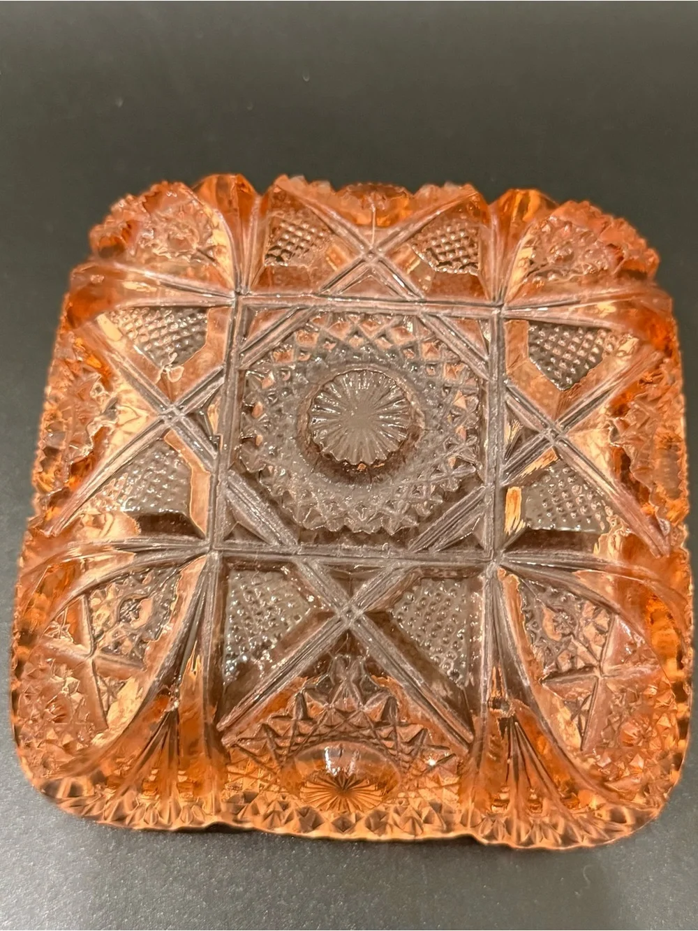 Vintage Salmon Pink Depression Pressed Glass Sawtooth Rim Square Candy Dish